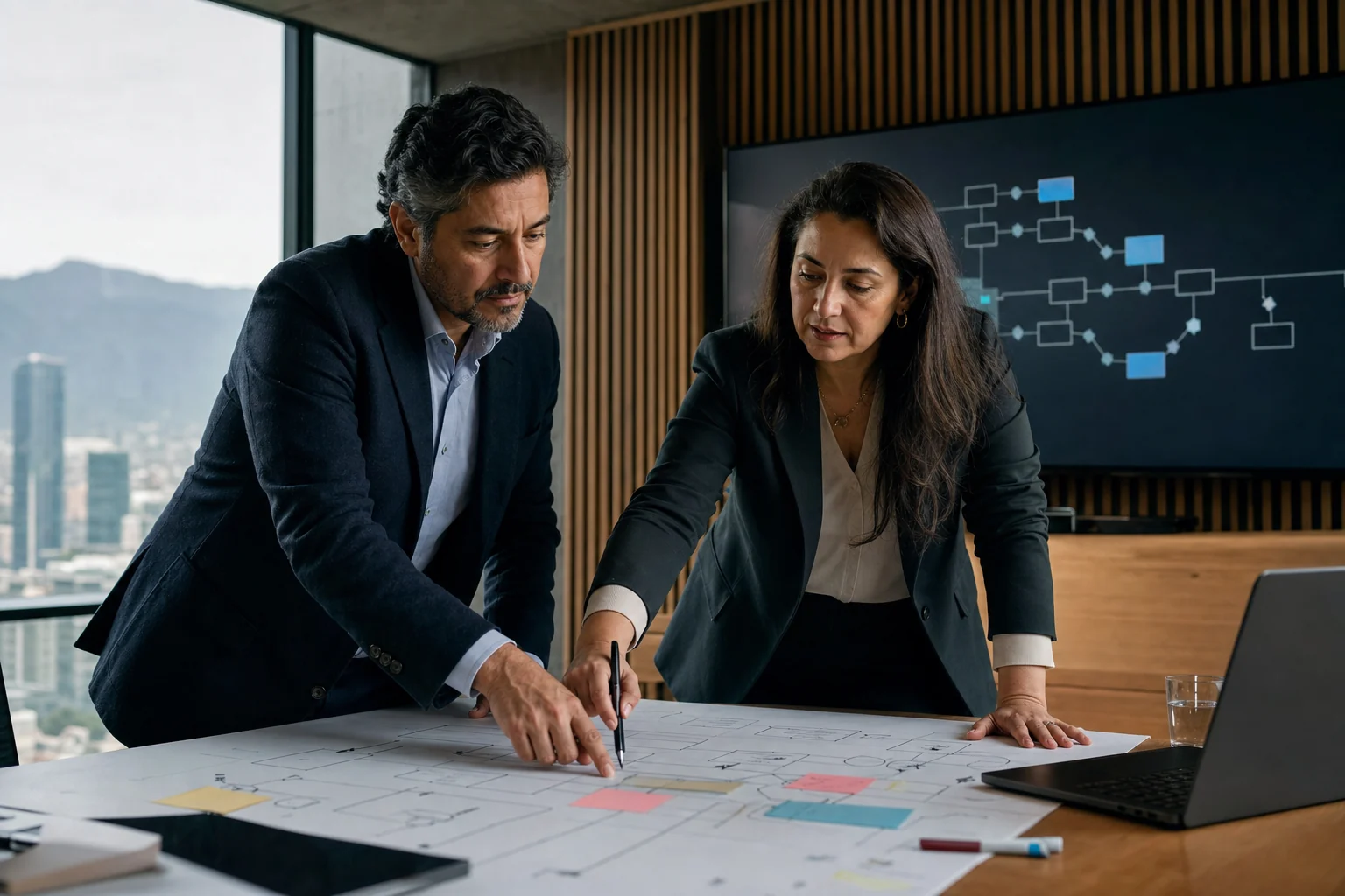 Consultores diseñando un flujo de automatización empresarial